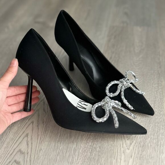 ZARA EMBELLISHED BOW HEELED SHOES BLACK - Picture 1 of 11